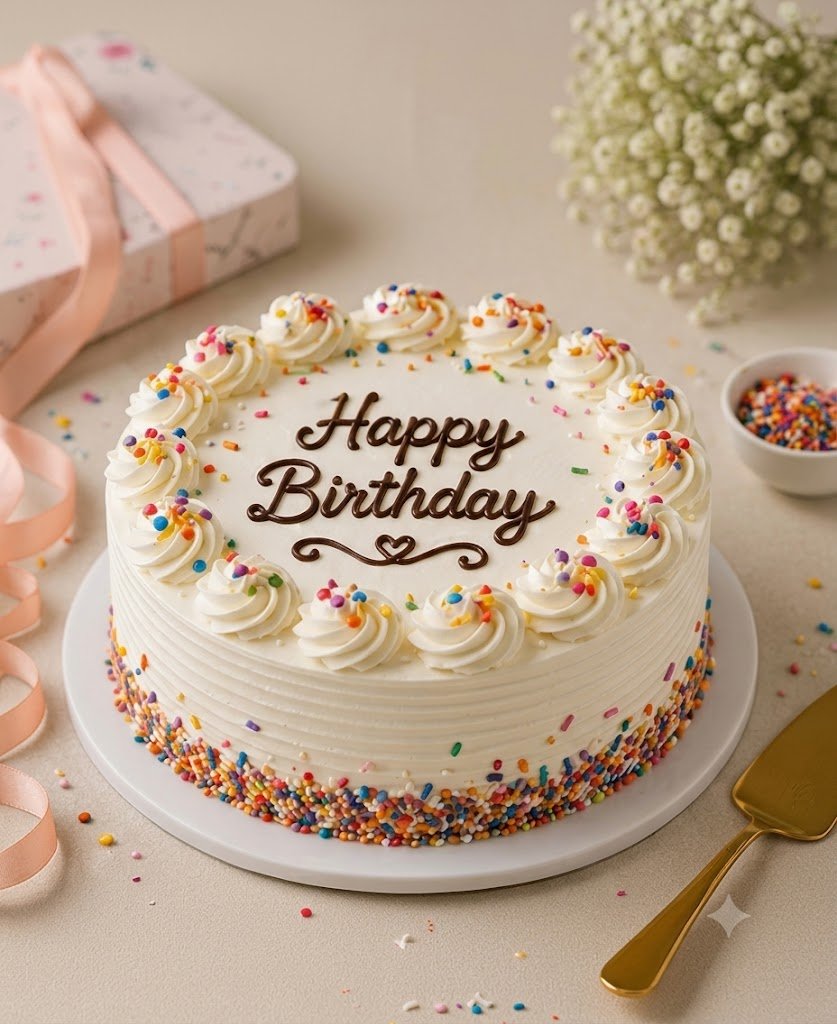 Classic Happy Birthday Vanilla Cream Cake - Old School Truffle cake design