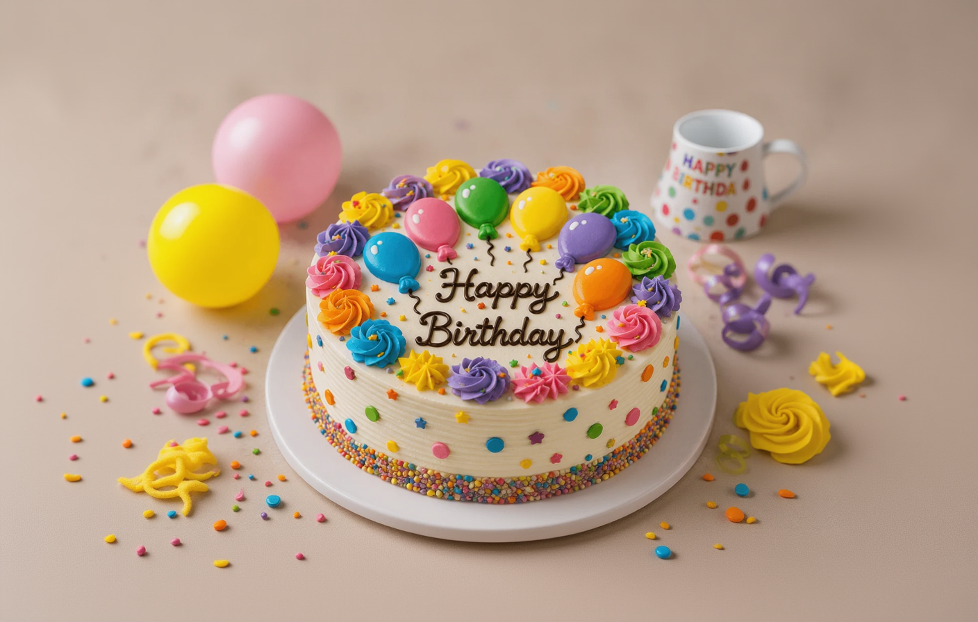 Colorful Balloon Vanilla Birthday Cake - Old School Truffle cake design