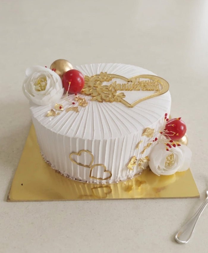 Elegant White Rose & Gold Vanilla Anniversary Cake - Old School Truffle cake design